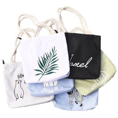 Hot Sale Eco Reusable Fashion Cute Cartoon Cat Korea Simple Handbag Heavy Duty Durable Cotton Canvas Promotional Shopping Tote Bags